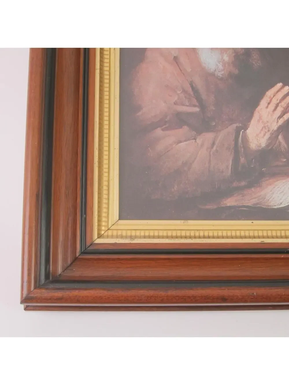 Antique Victorian Deep Picture Frame Walnut Wood Gold Gilt Old Man Praying Print